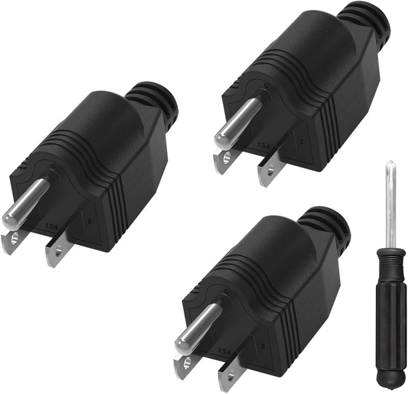 OFOAEEA Replacement Plugs, 3 Pack 3 Prong Replacement Plug with 1 Screwdriver, Extension Cord Ends, ReplacementPlug 3 Prong , Neutral Ground Bonding Plugg, 3 Wire 15A 125V Male Plug, Black - Image 1